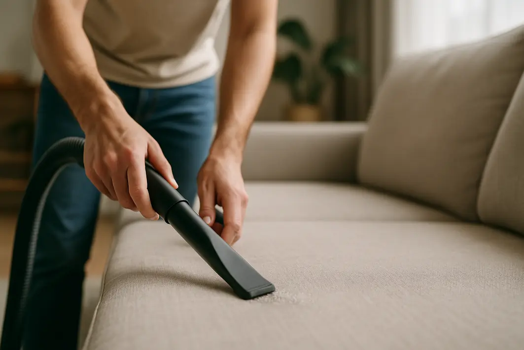 maos aspirando sofa estofado claro Mãos segurando aspirador de pó com bocal estreito aspirando partículas de pó em sofá estofado claro