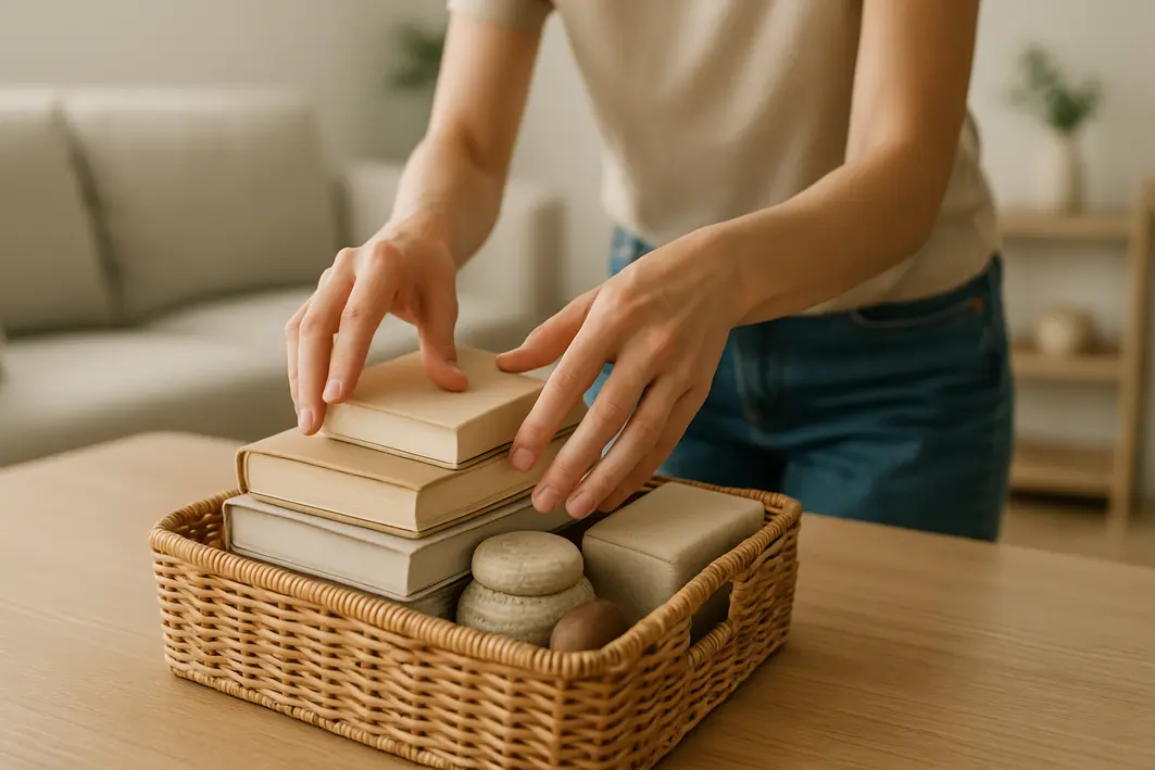 maos colocando objetos cesto sala Mãos femininas colocando livros e pequenos objetos em cesto de vime sobre mesa de centro em sala minimalista