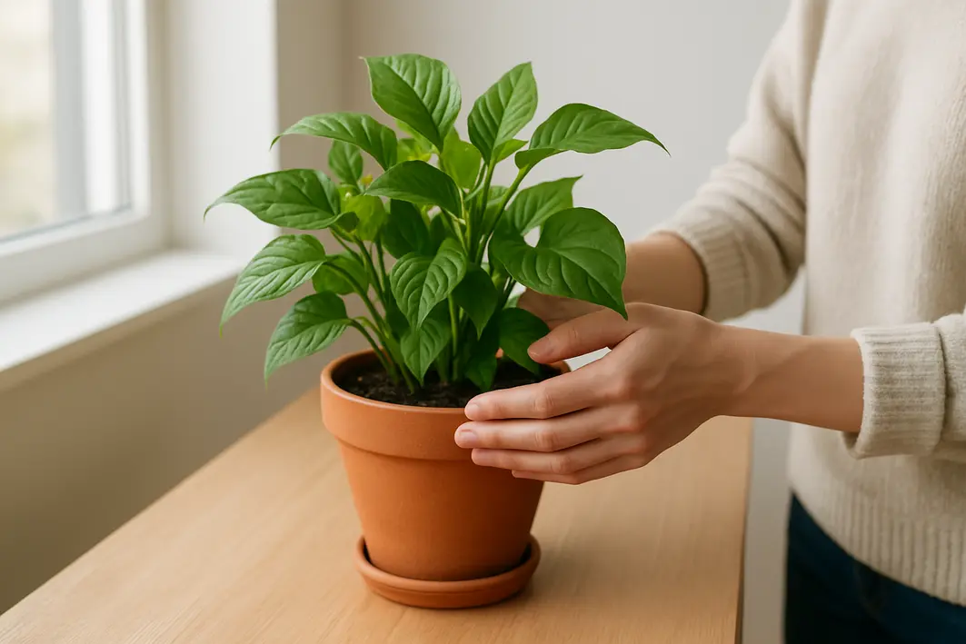 maos cuidando planta verde vaso ceramico Mãos cuidando de planta verde vibrante em vaso cerâmico sobre aparador de madeira