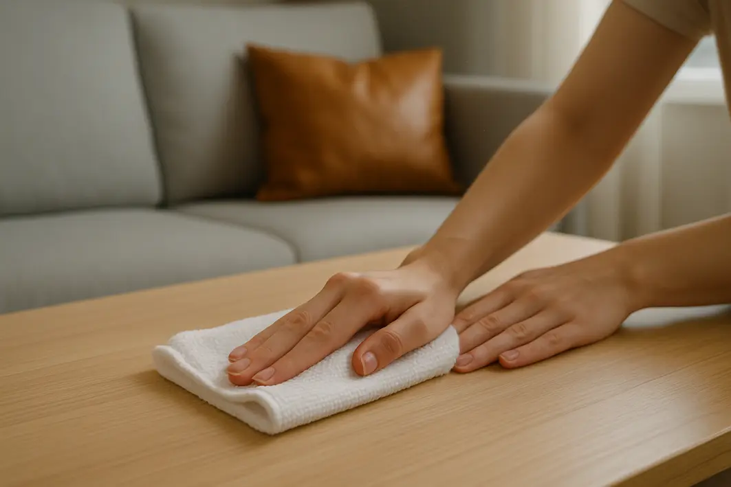 maos limpando mesa madeira microfibra Mãos femininas limpando mesa de madeira clara com pano de microfibra branco