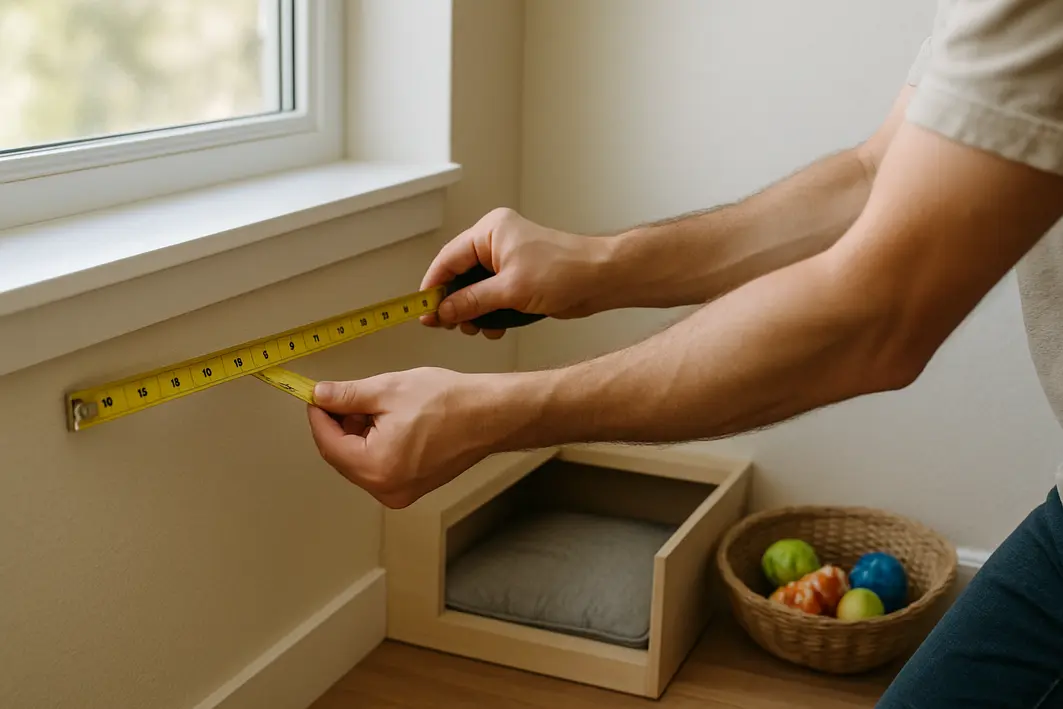 medindo espaco perto janela cantinho pet Mãos humanas medindo com fita métrica espaço próximo a janela iluminada para planejamento de cantinho pet