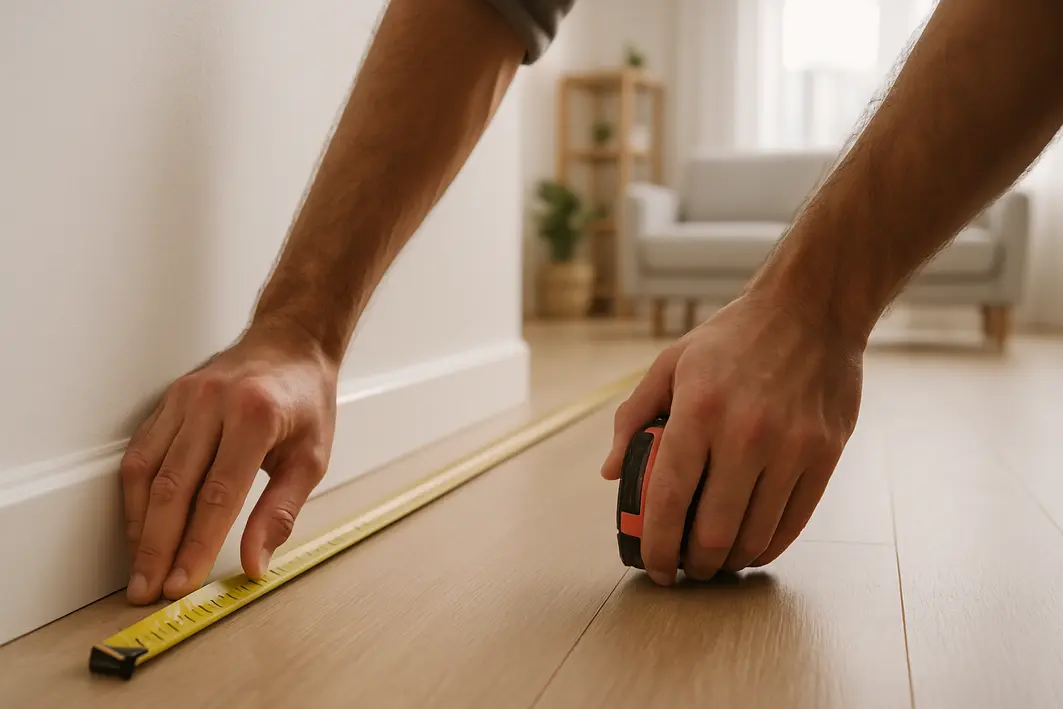 medindo espaco sala para sofa pequeno Mãos masculinas medindo a largura de uma sala de estar com fita métrica sobre o piso perto da parede em ambiente iluminado e mobiliado minimamente