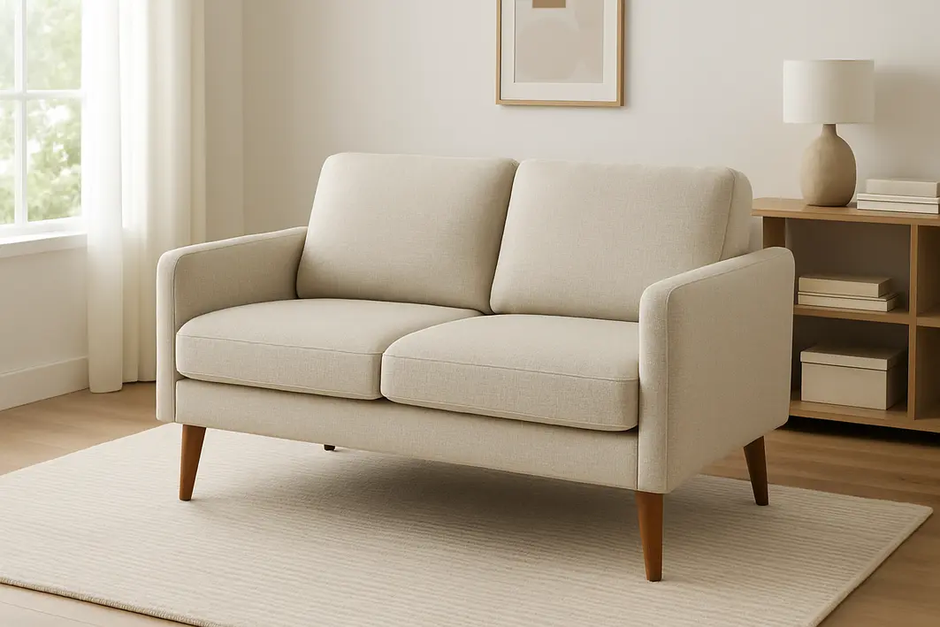 medindo sala escolha sofa pequeno moderno Mãos masculinas medindo a largura de sala de estar moderna com fita métrica próximo a sofá pequeno desmontado em tecido neutro