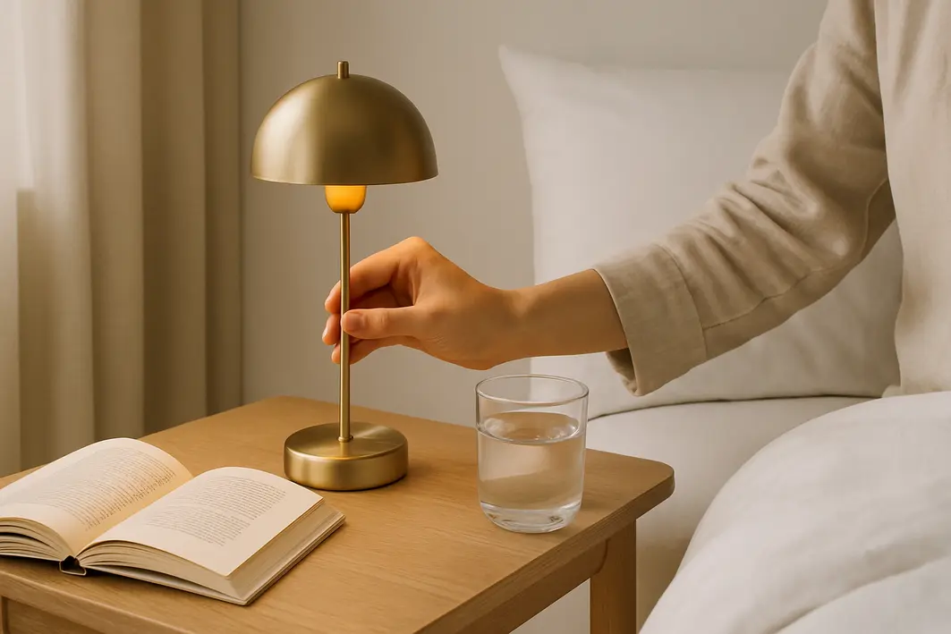 mesa cabeceira iluminacao ambar organizacao Mesa de cabeceira minimalista com luminária de luz âmbar ligada, livro aberto, copo de água e mãos ajustando intensidade da luz