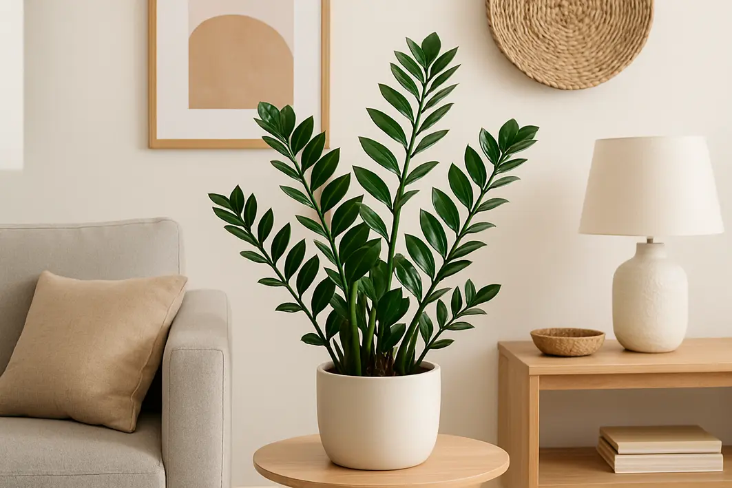 mesa madeira clara vaso zamioculca sala moderna Mãos femininas ajustando zamioculca viçosa em vaso minimalista sobre mesa de madeira clara em sala moderna