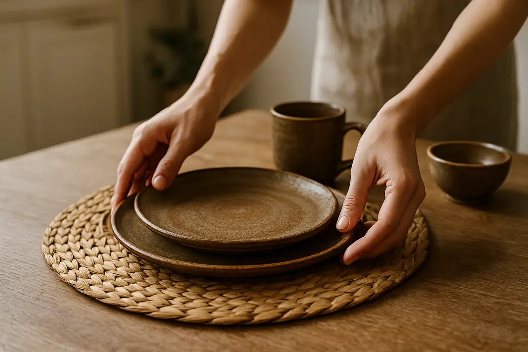 mesa posta loucas ceramica palha 1 Mesa posta com louças de cerâmica artesanal e jogo americano de palha natural, mãos ajustando prato rústico esmaltado