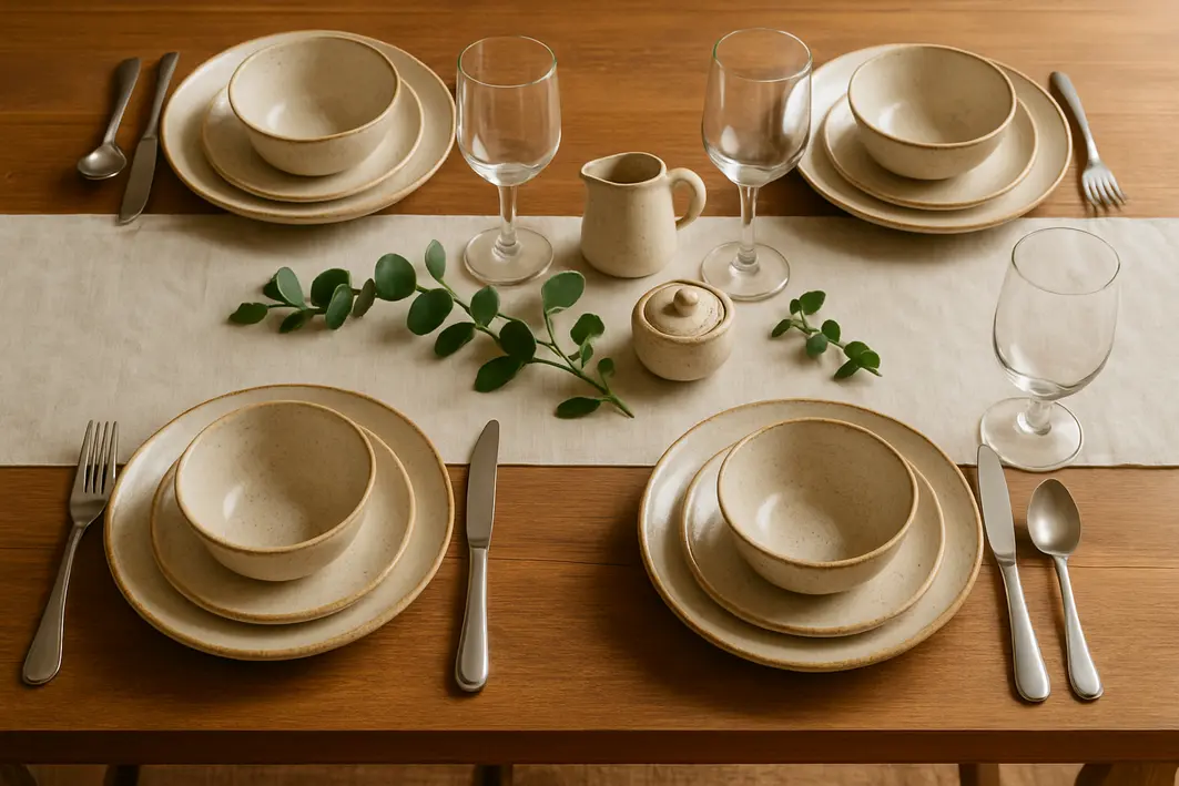 mesa posta loucas ceramica palha 2 Mesa posta com louças de cerâmica esmaltadas e rústicas, mãos ajustando prato sobre jogo americano de palha