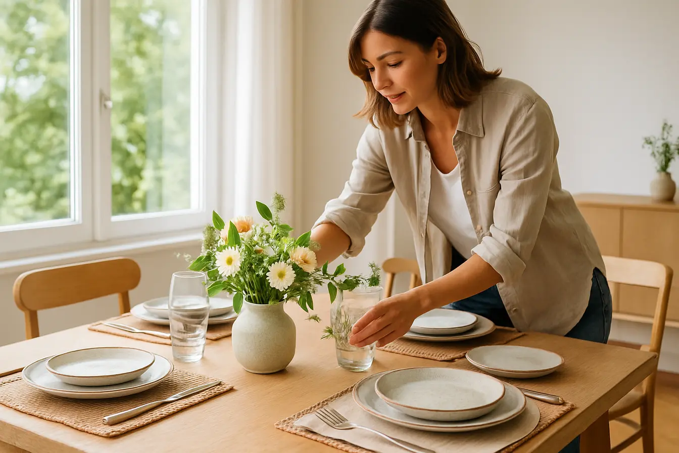 mesa posta loucas ceramica palha 3 Mesa posta com louças de cerâmica artesanal em tons off white e terrosos, jogo americano de palha e centro de mesa com flores e folhagens