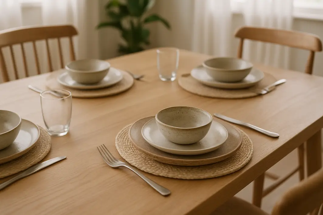 mesa posta loucas ceramica palha Mesa posta de jantar com louças de cerâmica em tons neutros sobre jogos americanos de palha clara, talheres simples e copos de vidro translúcido em ambiente iluminado por luz natural