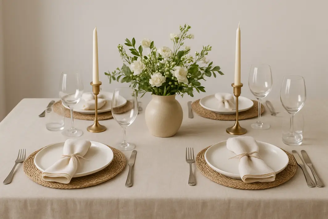 mesa posta verao linho azul claro Mãos ajustando guardanapo de linho azul claro sobre toalha off white em mesa posta de verão