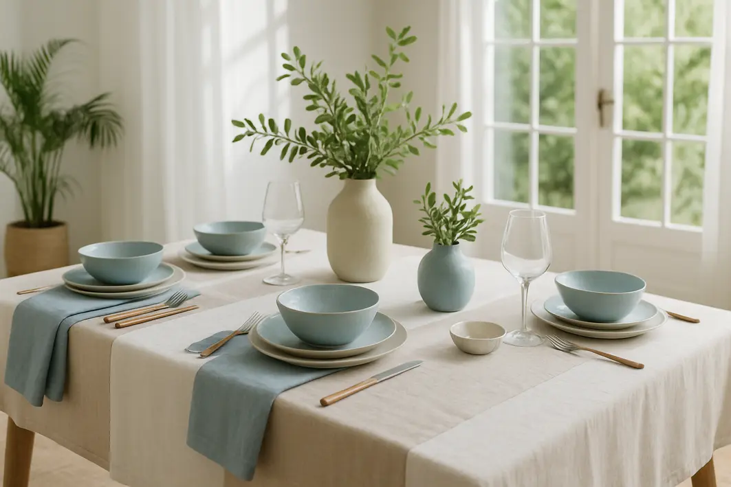 mesa posta verao linho decoracao mar Mesa posta de verao com toalha e guardanapos de linho em tons neutros e azuis, ceramicas claras, vasos com folhagens verdes e detalhes em madeira clara