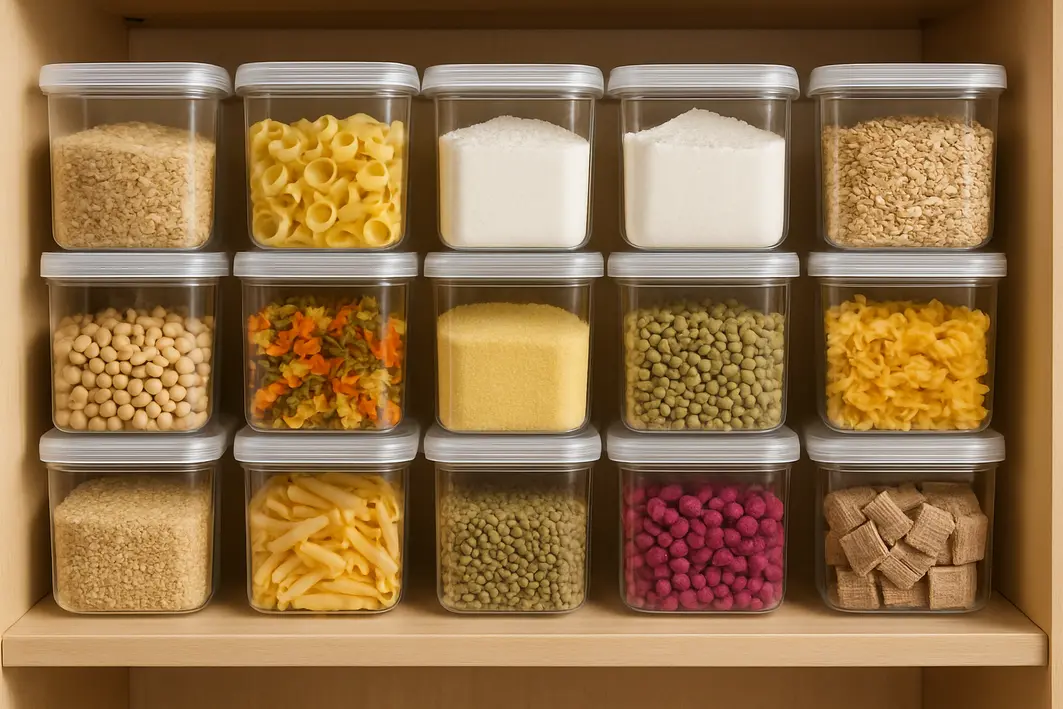 organizacao despensa potes quadrados 1 Mãos organizando potes quadrados transparentes com tampas brancas em prateleira de cozinha com alimentos variados
