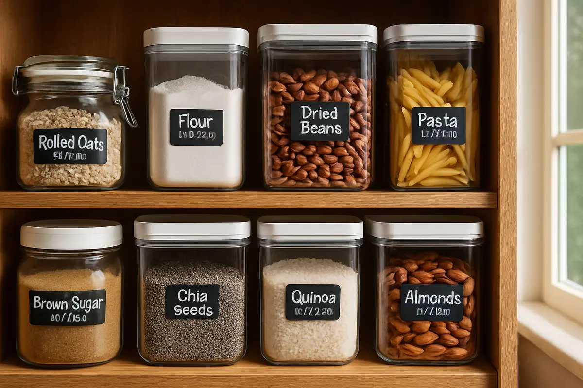 organizacao despensa potes quadrados 2 Prateleira de despensa organizada com potes quadrados de vidro plastico e acrilico com etiquetas e tampas vedantes