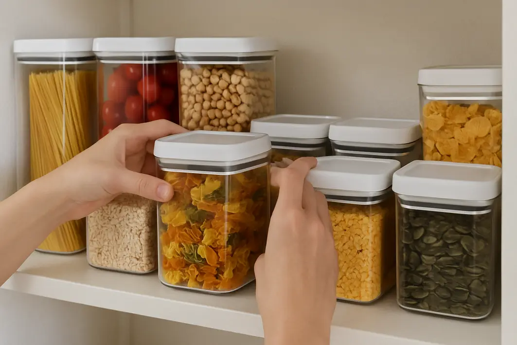 organizacao despensa potes quadrados Mãos organizando potes quadrados transparentes com tampas brancas em prateleira de despensa iluminada