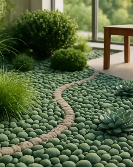 paisagismo clean seixos verdes 2 Jardim elegante com seixos verdes e plantas ornamentais em design orgânico