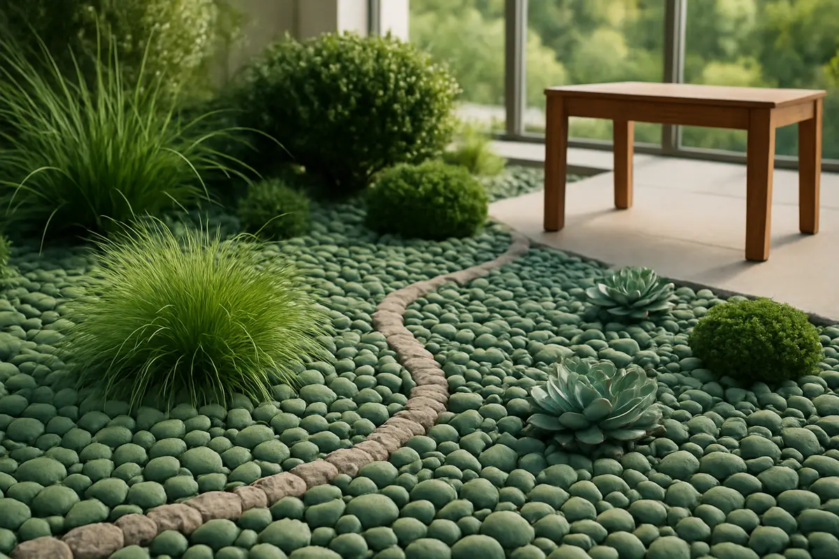 paisagismo clean seixos verdes 2 Jardim elegante com seixos verdes e plantas ornamentais em design orgânico