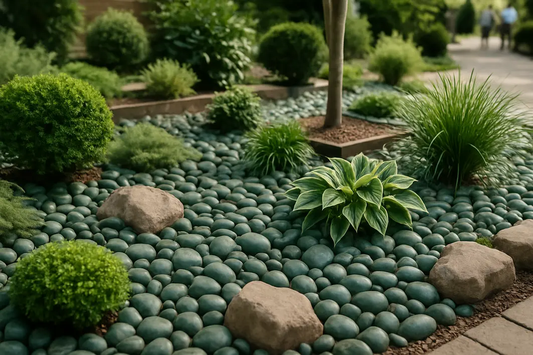 paisagismo clean seixos verdes Jardim externo harmonioso com seixos verdes polidos cobrindo o solo entre plantas variadas e arbustos pequenos