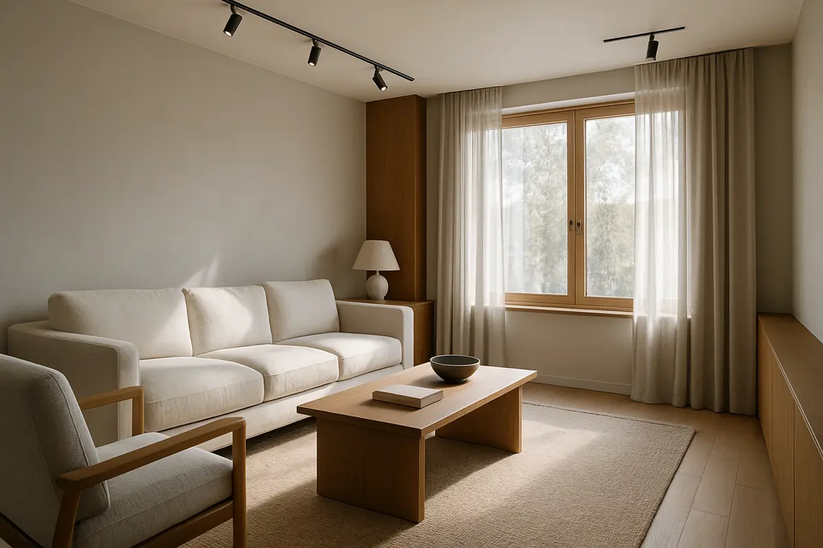 paleta cores modernas cinza offwhite Sala de estar moderna com paredes cinza offwhite foscas, detalhes em madeira natural e cortinas translúcidas em ambiente iluminado naturalmente