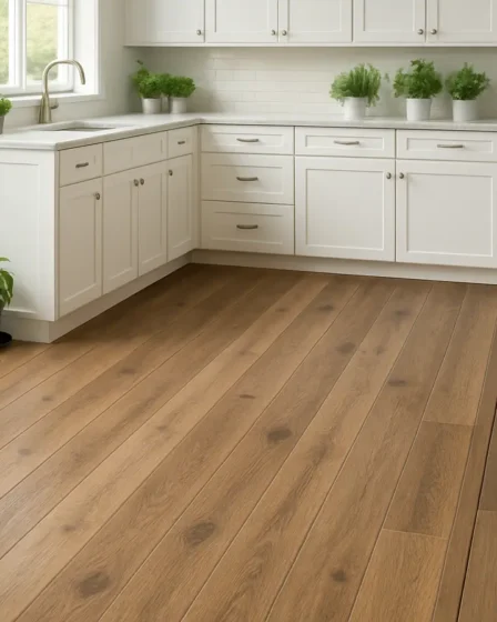 piso amadeirado resistencia umidade cozinha Cozinha moderna com piso amadeirado laminado e vinílico destacados, armários brancos e plantas em vasos