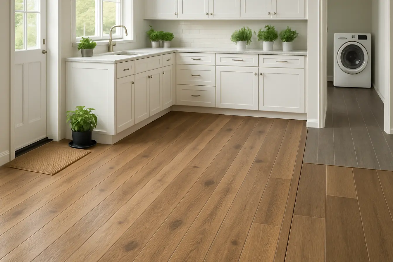 piso amadeirado resistencia umidade cozinha Cozinha moderna com piso amadeirado laminado e vinílico destacados, armários brancos e plantas em vasos