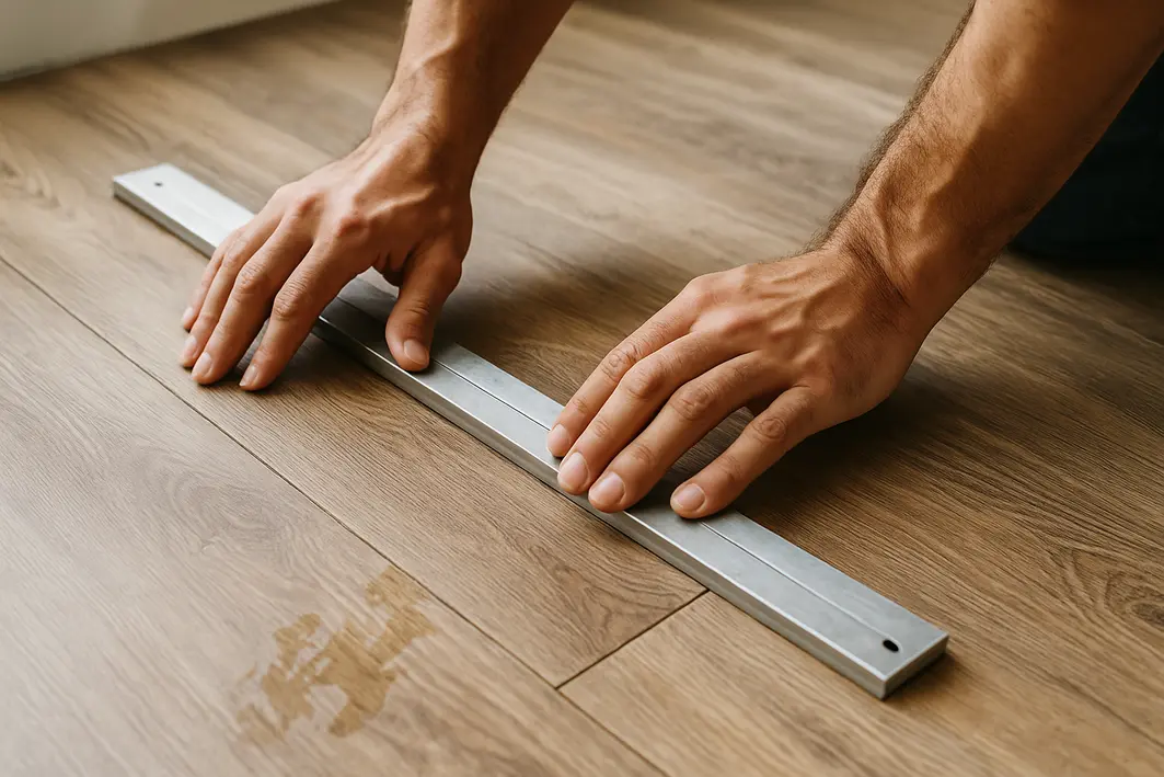 piso laminado amadeirado resistencia umidade Mãos masculinas ajustando régua sobre placas de piso laminado amadeirado mostrando textura e áreas com umidade