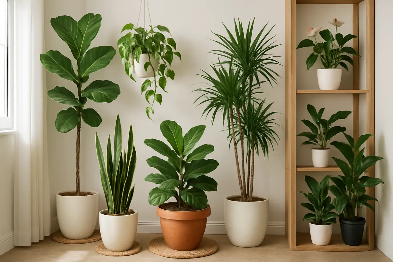 plantas para lugares com sombra Canto interno iluminado com plantas de sombra incluindo ficus lyrata, espada de sao jorge, jiboia, zamioculca e palmeira rafia