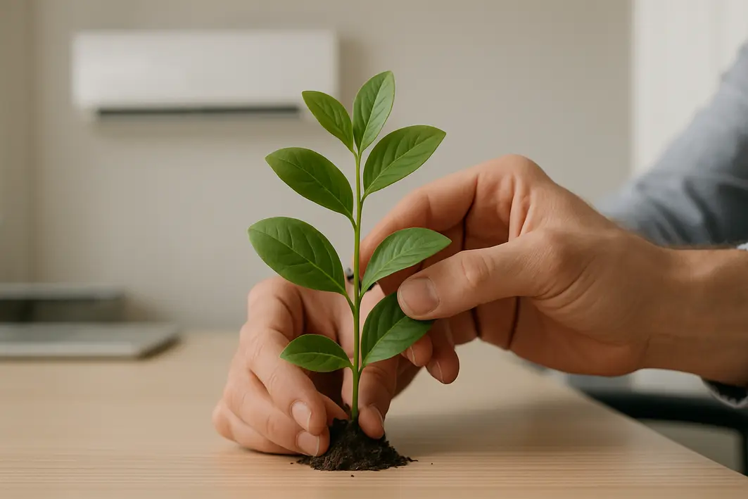 plantas resistentes ar condicionado escritorio 1 Mãos ajustando planta verde resistente com folhas firmes sobre mesa de escritório com ar condicionado ao fundo