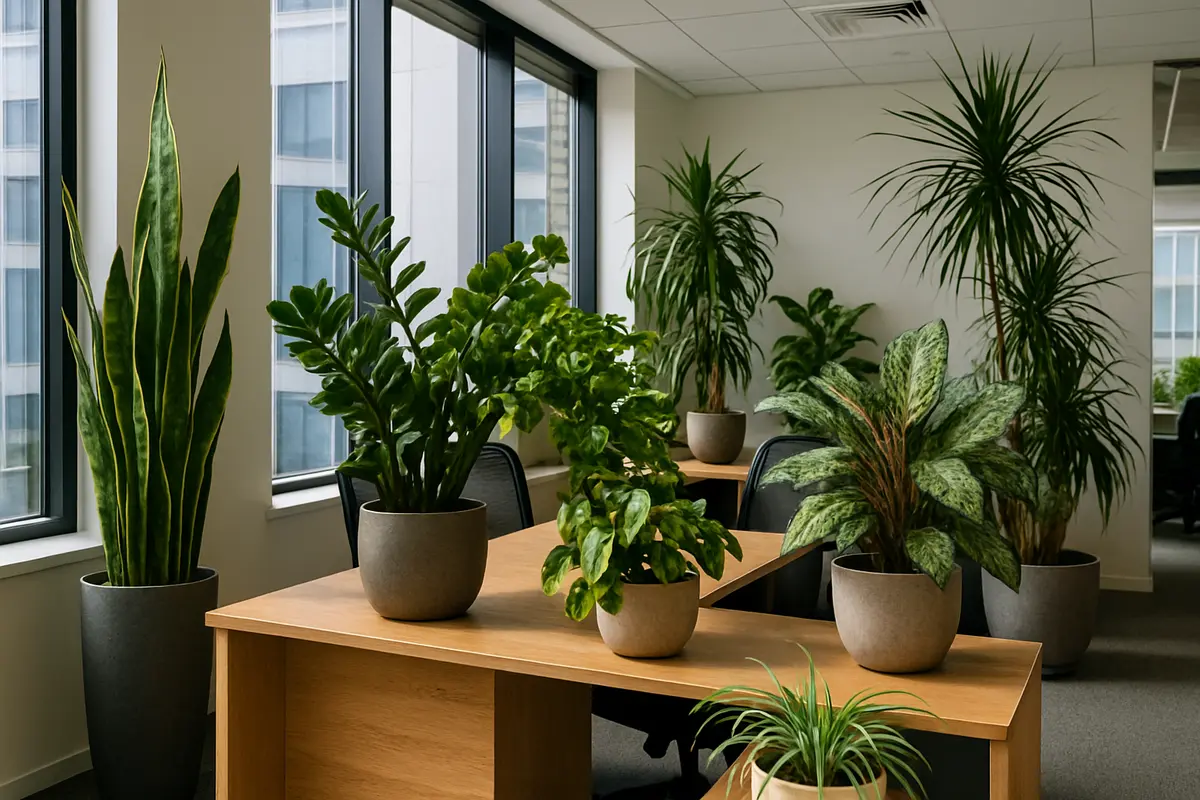 plantas resistentes ar condicionado escritorio 2 Interior moderno de escritório com plantas resistentes como Sansevieria, Zamioculcas, Epipremnum e Dracaena em vasos elegantes evitando fluxo direto de ar condicionado