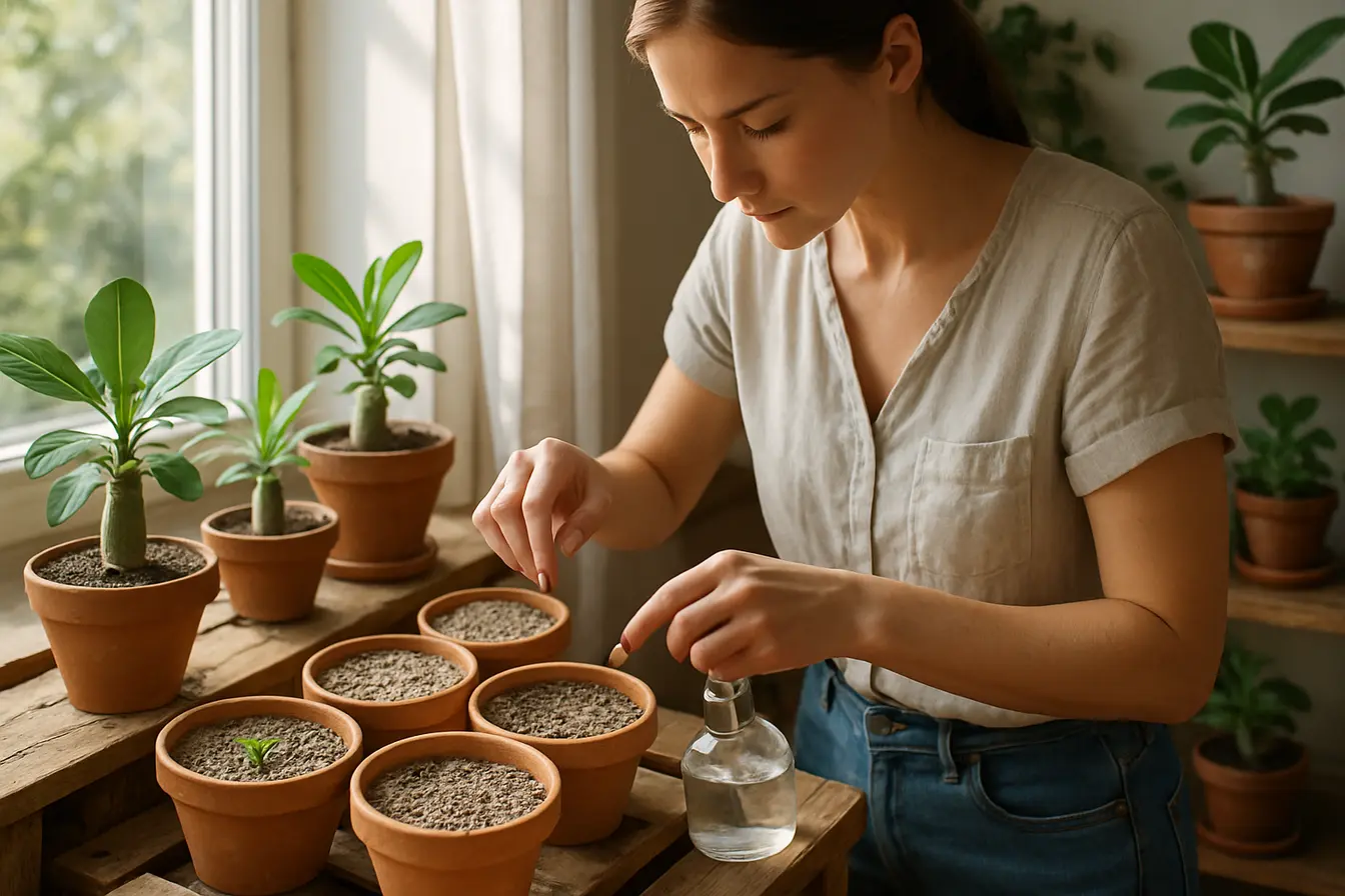 plantio sementes rosa do deserto Mulher plantando sementes de rosa do deserto em vasos de terracota com substrato ventilado e ambiente iluminado