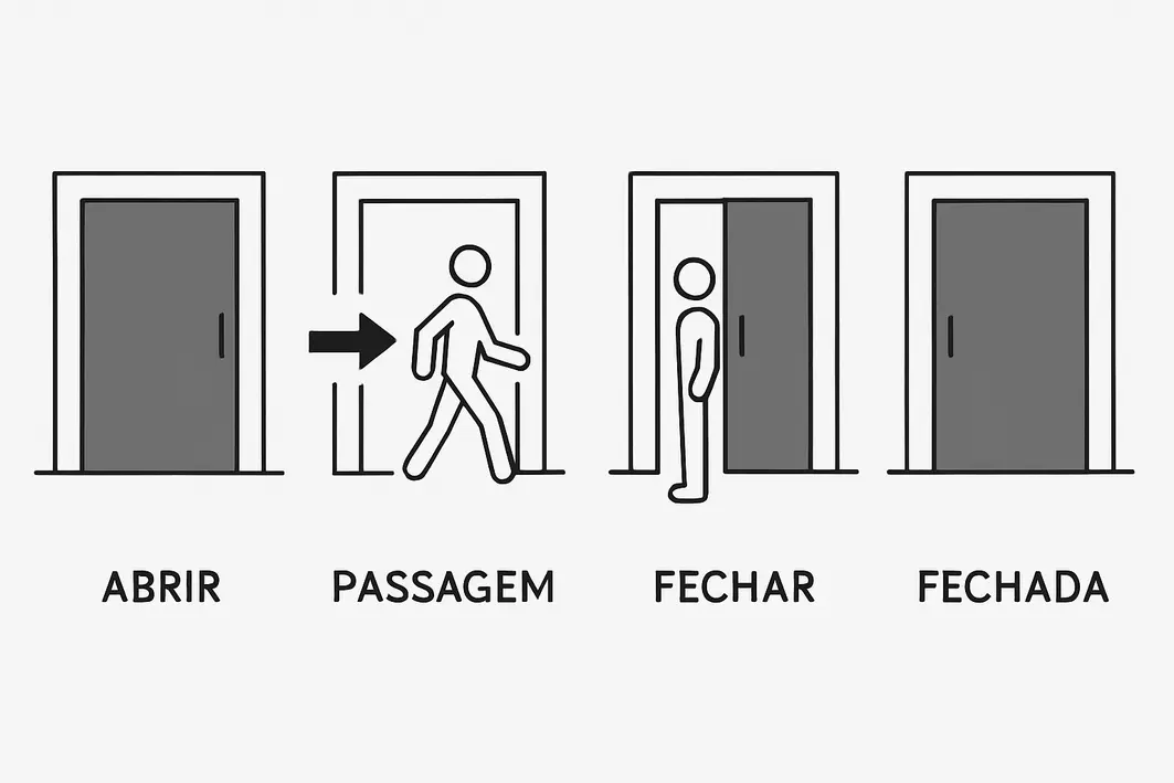 porta correr embutida parede branca Porta de correr embutida em parede branca com folha deslizando parcialmente e mãos posicionando aparador