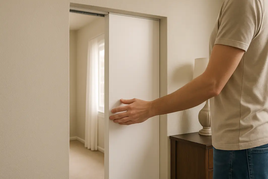 porta correr embutida trilho espaco Porta de correr embutida deslizando suavemente para dentro da parede com mãos ajustando a folha da porta