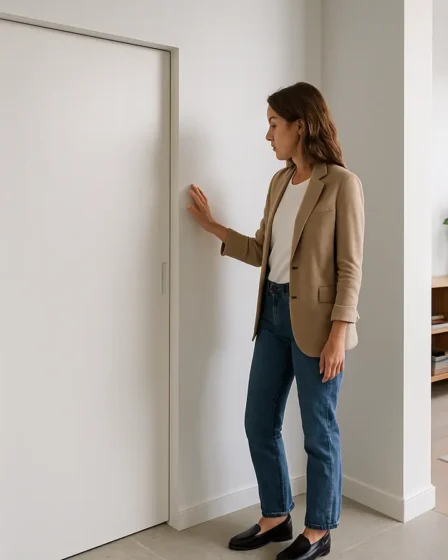 porta embutida corredor moderno funcional Corredor residencial moderno com porta de correr embutida branca integrada à parede e designer de interiores observando