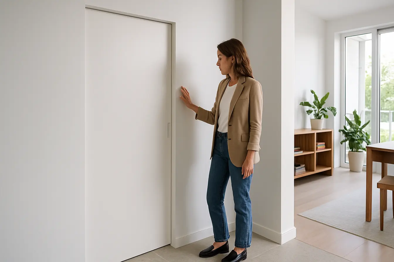 porta embutida corredor moderno funcional Corredor residencial moderno com porta de correr embutida branca integrada à parede e designer de interiores observando