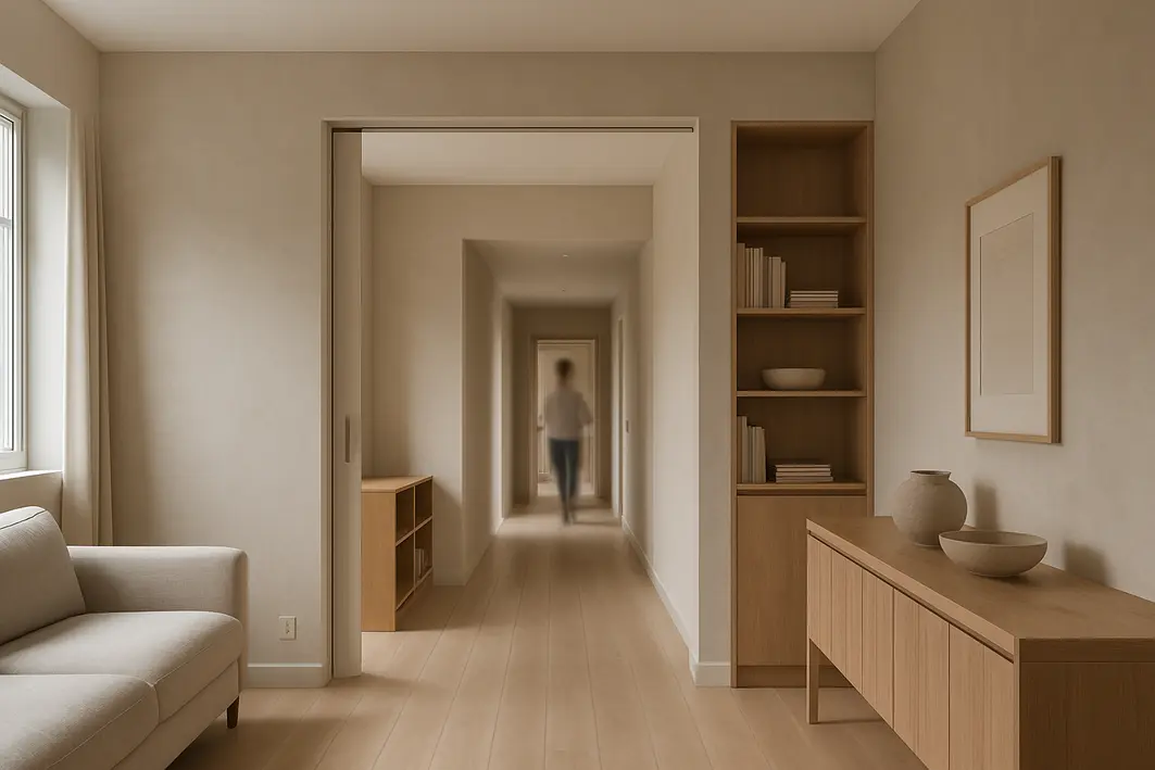 porta embutida corredor sala integrados Porta de correr embutida recolhida na parede entre sala ampla e corredor com móveis integrados