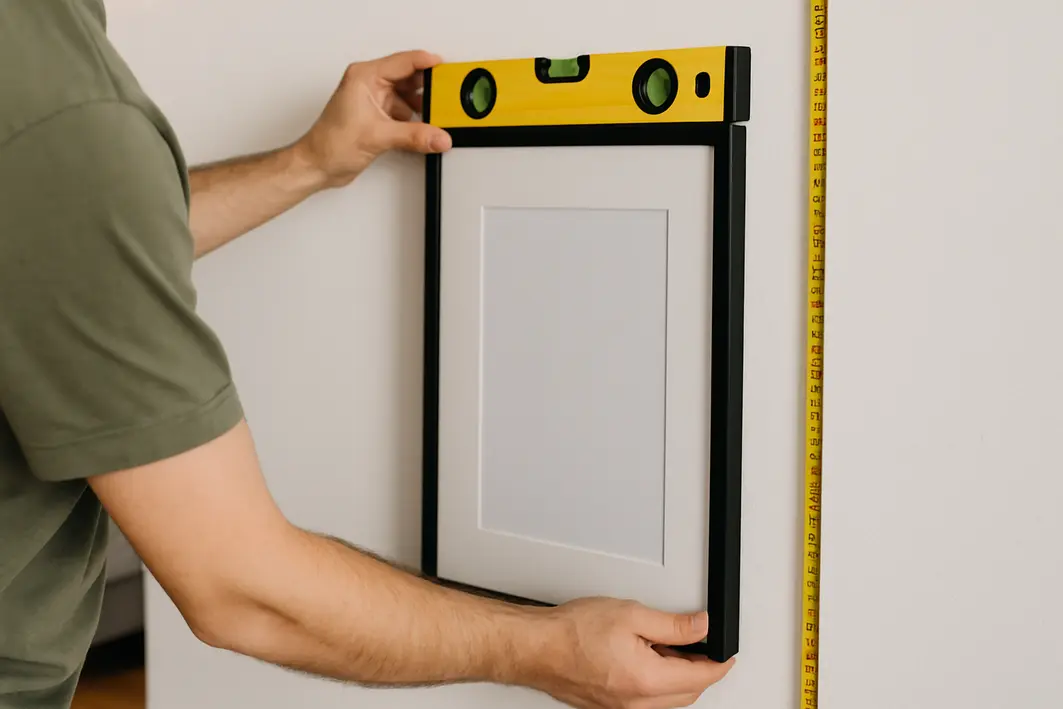 posicionamento quadros altura olhos 1 Mãos masculinas segurando nível de bolha enquanto ajustam quadro na parede branca com régua métrica estendida que indica altura de 150 cm do piso