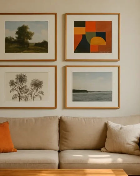 posicionamento quadros altura olhos sofa Parede de sala de estar com quadros emoldurados alinhados ao nível dos olhos, 150 cm do chão, acima de sofá moderno sob luz natural