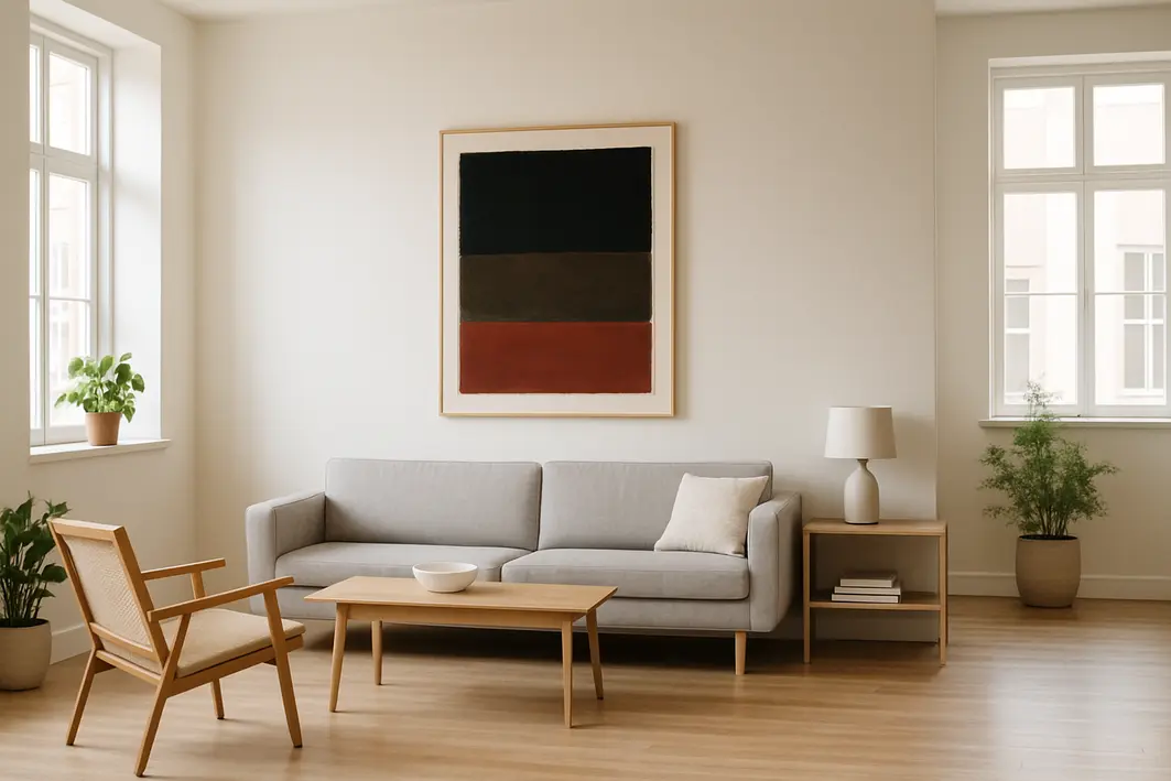 posicionamento quadros altura olhos Ambiente interno moderno com quadro centralizado pendurado a 150 cm do chão em parede clara, móveis minimalistas e iluminação natural