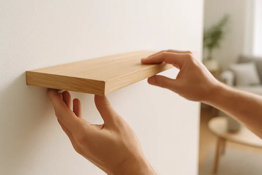 prateleira fina suporte invisivel Mãos ajustando prateleira fina com suporte invisível em parede branca