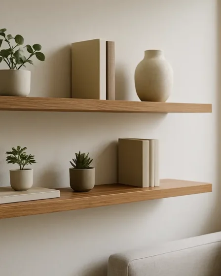 prateleiras finas suporte invisivel 2 Prateleiras finas flutuantes com suporte invisível em sala moderna com madeira natural e MDF