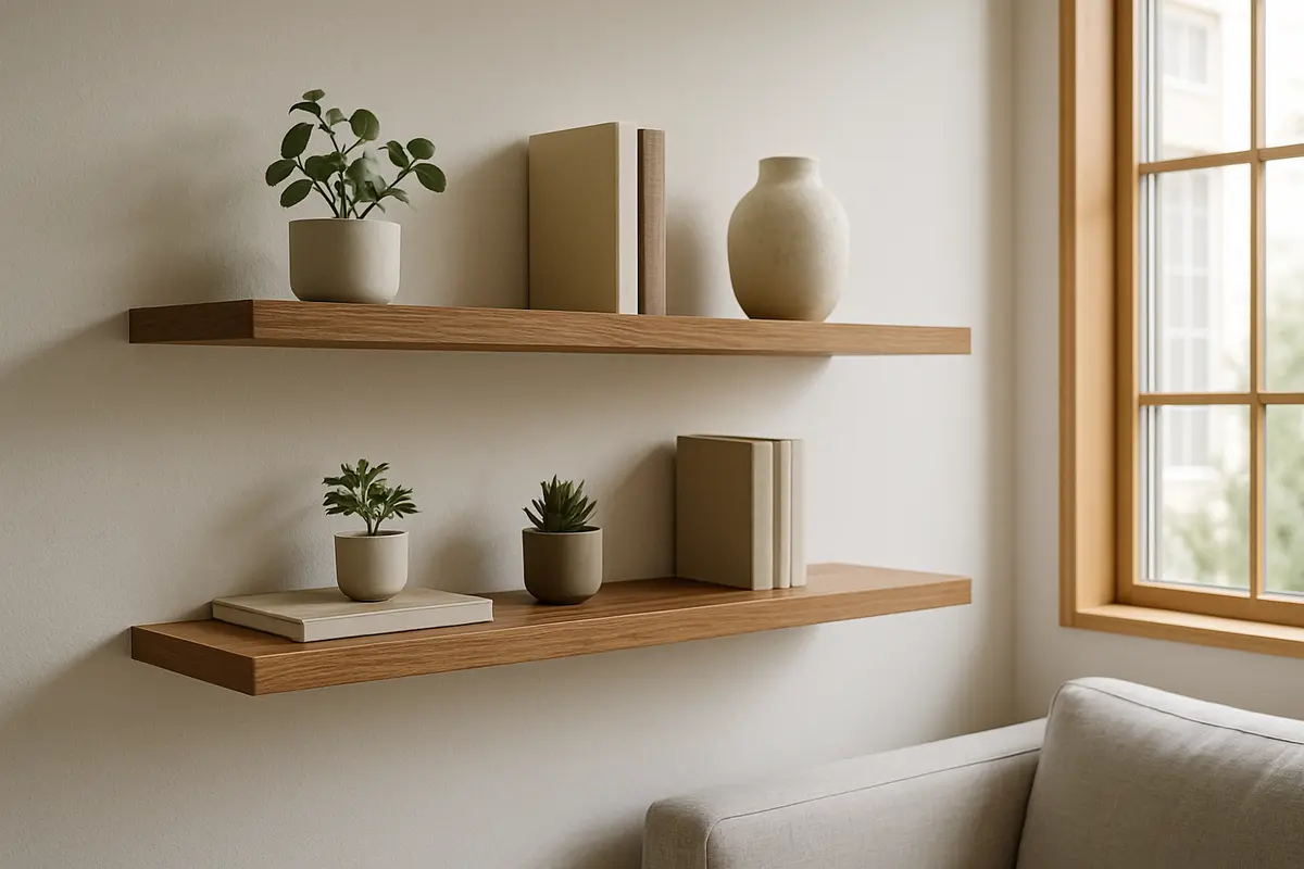 prateleiras finas suporte invisivel 2 Prateleiras finas flutuantes com suporte invisível em sala moderna com madeira natural e MDF