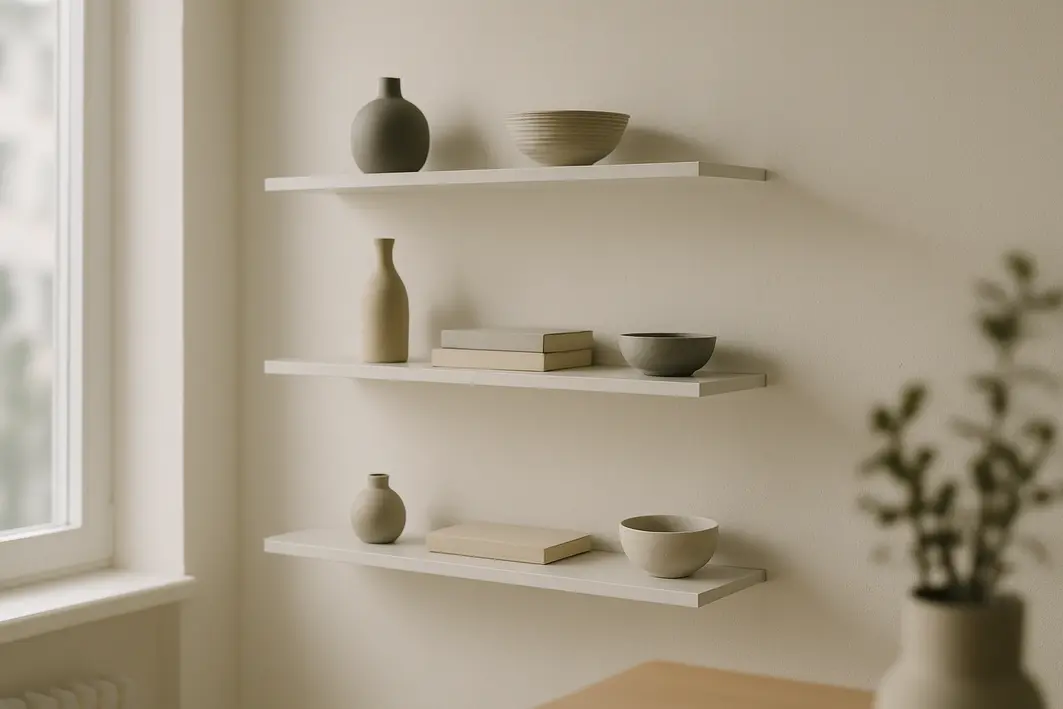 prateleiras finas suporte invisivel Ambiente moderno com prateleiras finas de madeira em parede clara usando suporte invisível e objetos decorativos neutros