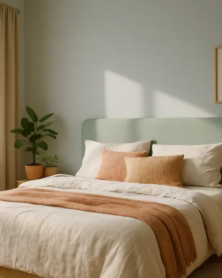 quarto cores calma 2026 paleta terrosa Quarto sereno decorado com paleta de cores de calma 2026 inclui paredes azul acinzentado, cabeceira verde menta, roupas de cama branca, móveis de madeira clara e plantas naturais