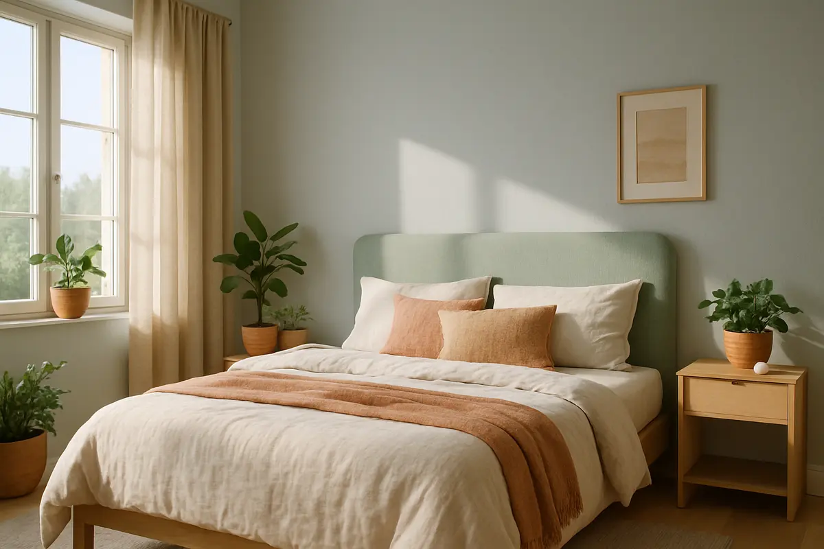 quarto cores calma 2026 paleta terrosa Quarto sereno decorado com paleta de cores de calma 2026 inclui paredes azul acinzentado, cabeceira verde menta, roupas de cama branca, móveis de madeira clara e plantas naturais