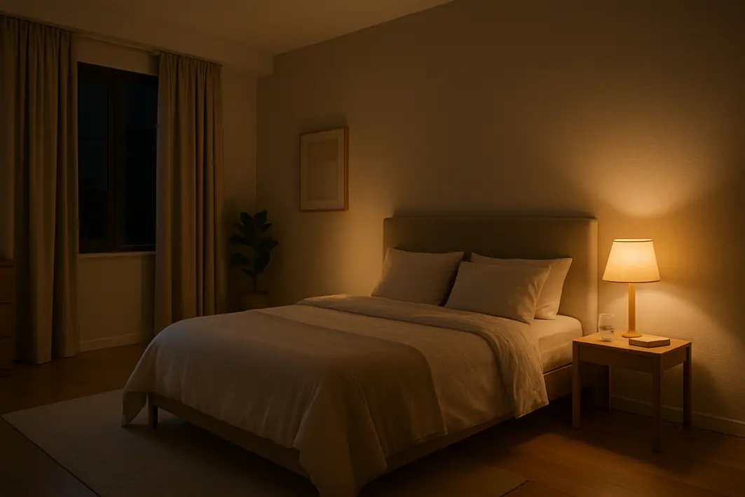 quarto iluminacao ambar mesa cabeceira Quarto amplo e organizado com iluminação âmbar suave na mesa de cabeceira minimalista e objetos funcionais