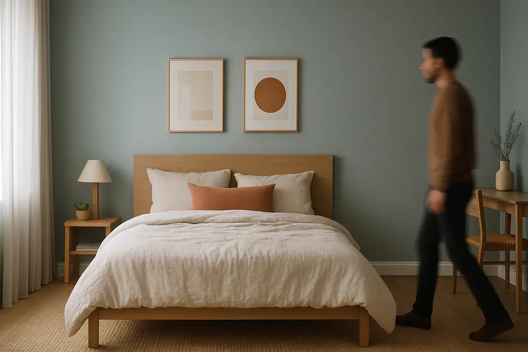 quarto tons neutros pastel calma Quarto amplo com paredes em tons neutros e pastel, móveis minimalistas, cama com roupa de cama texturizada, tapete de fibras naturais e cortinas translúcidas