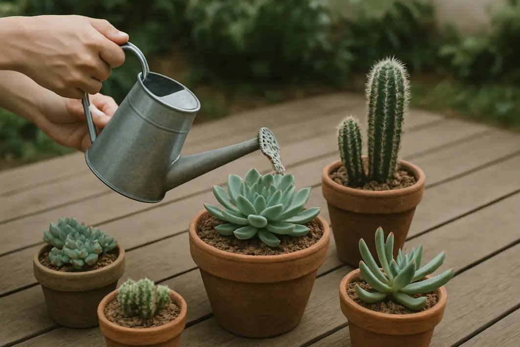 regador metal plantas suculentas cactos Mãos regando plantas suculentas e cactos em vasos de cerâmica sobre deck de madeira ao ar livre