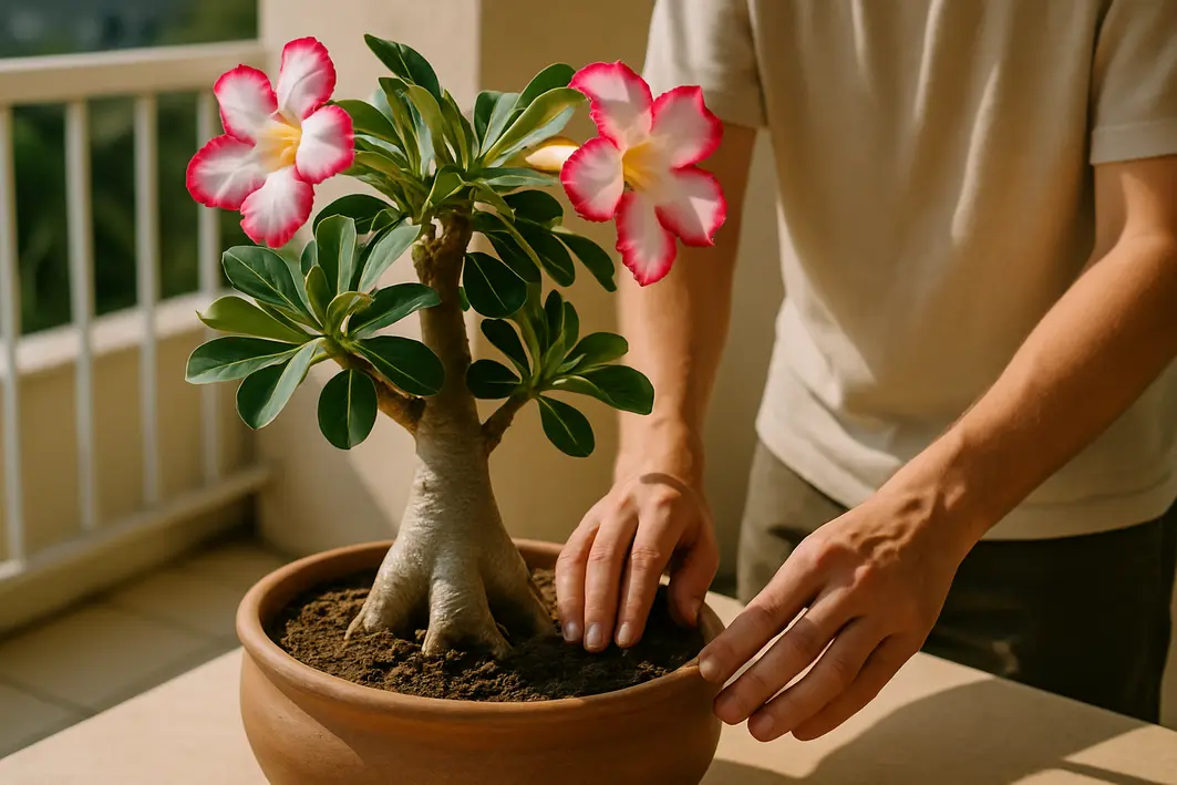 rosa do deserto capixaba varanda vaso Vaso com rosa do deserto capixaba em varanda iluminada com caule suculento e flores brancas e rosas com mãos ajustando solo drenado