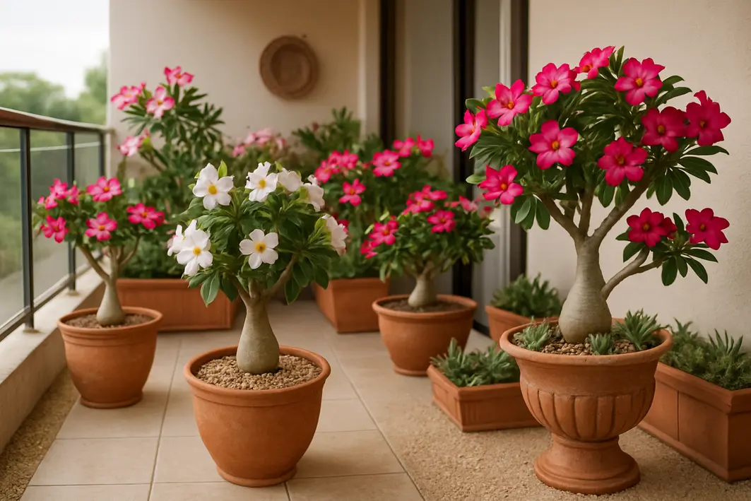 rosa do deserto capixaba varanda vasos Varanda espaçosa no Espírito Santo com vasos de rosa do deserto capixaba em flor com caules suculentos e flores brancas e rosas