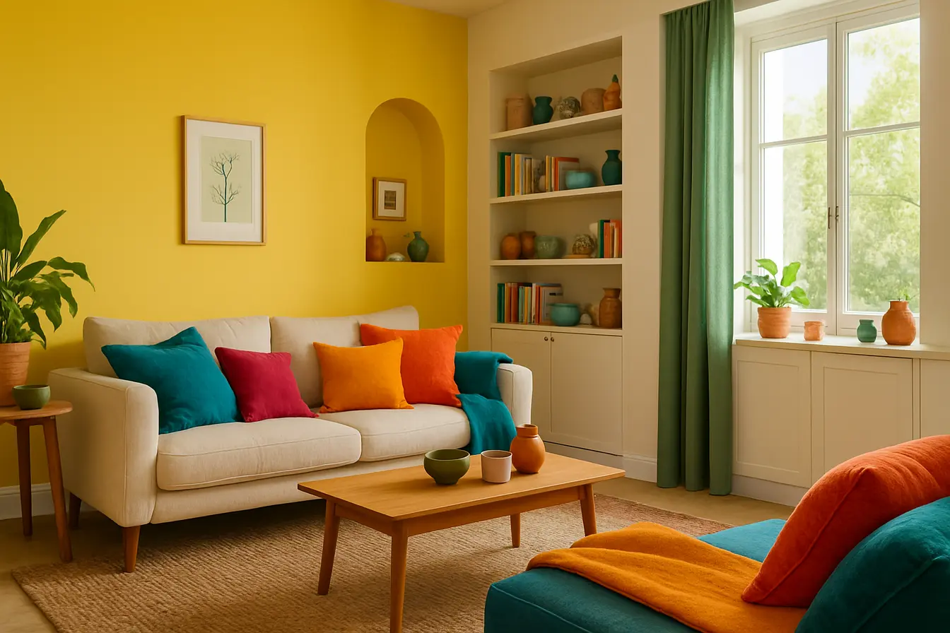 sala cores vibrantes decoracao afetiva Sala de estar vibrante com paredes foscas, almofadas coloridas, tapete artesanal, móveis de madeira e objetos decorativos afetivos