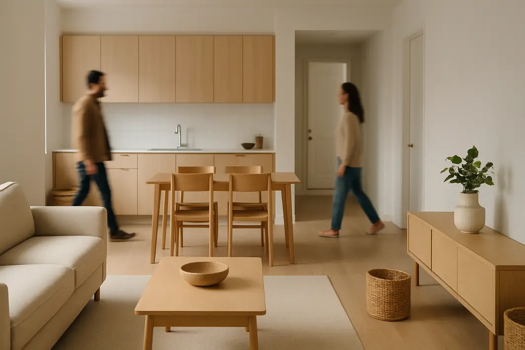 sala cozinha integrada cestos organizacao Ambiente amplo com sala integrada à cozinha e lavabo, móveis alinhados e cestos para organização